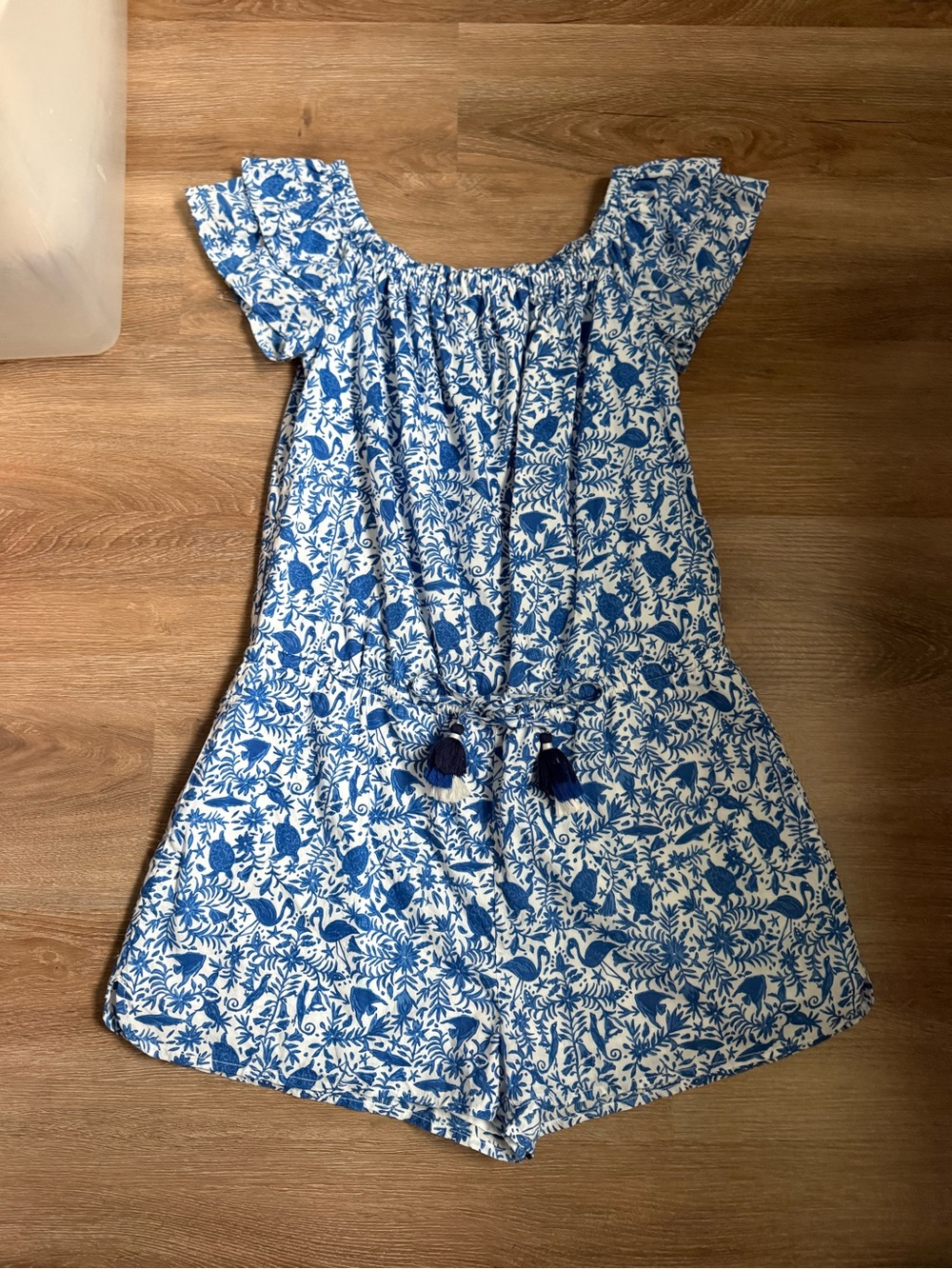 Vineyard Vines Blue Animal Print Off-Shoulder Romper with Tassel Tie
